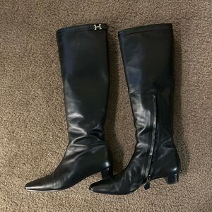 Hermes Black Knee High Boots with Silver Accent